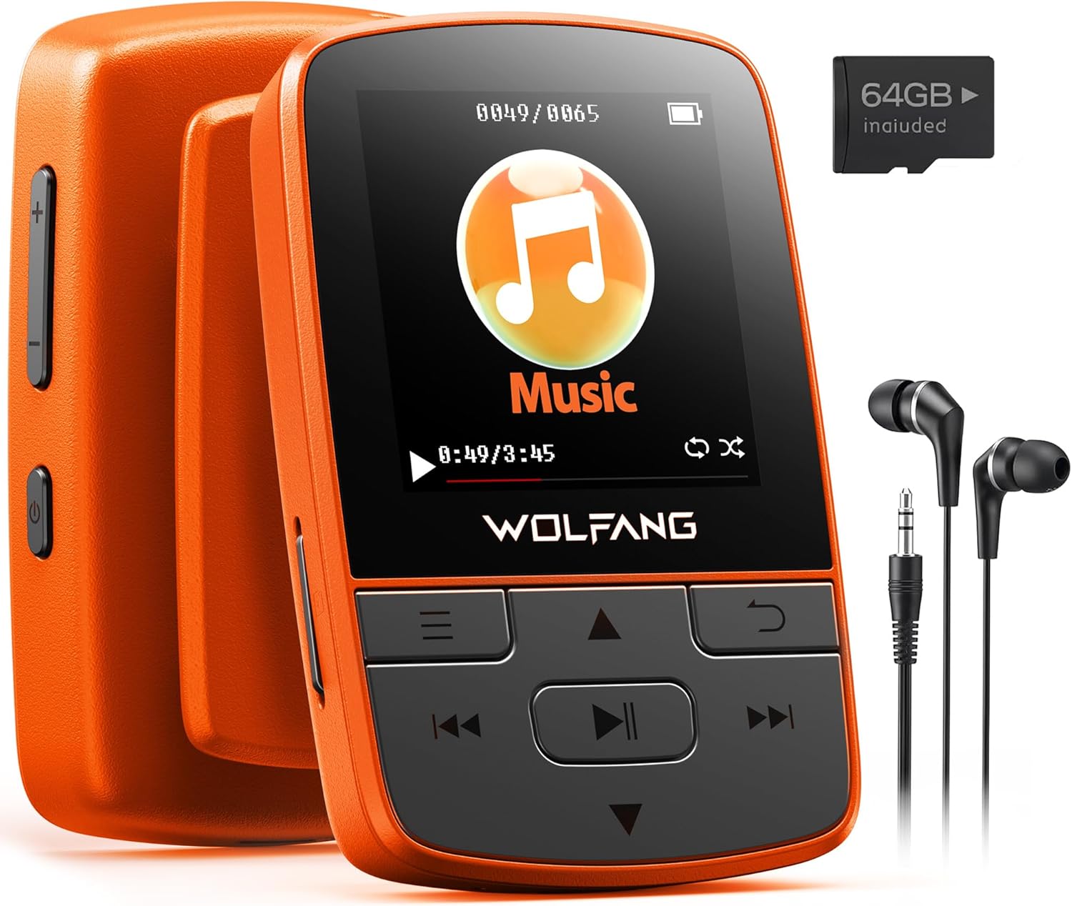 WOLFANG 64GB MP3 Players with Bluetooth 5.2, Sports Clip, Mini Size, Weigh 1 oz, HiF FM Radio, Voice Recorder, Earphones Included,Orange