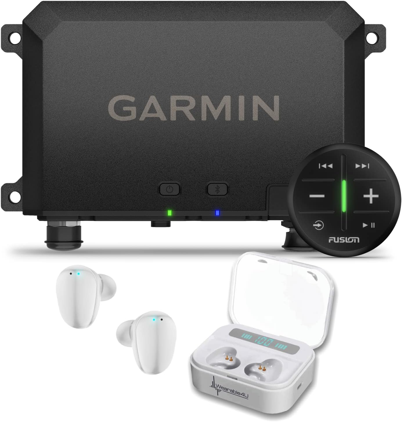 Wearable4U - Garmin Tread Audio Box with LED Controller, Rugged Design, Premium Quality Audio, Wireless Remote, for Any Off-Road Power Outdoor Vehicle with White Earbuds Bundle