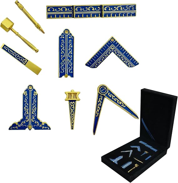Imasoner Capri Blue Enamel Masonic Working Tool Set, Gold Miniature Freemason Ritual Tools with Velvet Gift Box, Ceremonial Gift for Masons, Lodge Initiation, and Symbolic Use