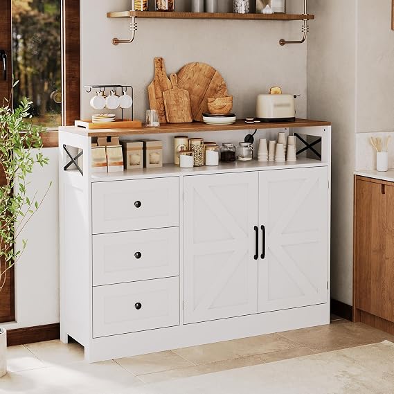 47inch Farmhouse Buffet Sideboard Cabinet, Wood Cupboard Storage Pantry Cabinet with Drawers, Coffee Bar Station Table for Kitchen Living Dining Room, White