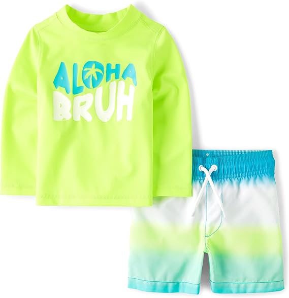 The Children's Place Baby Boys' and Toddler Long Sleeve Rashguard and Swim Trunks, 2 Piece Set