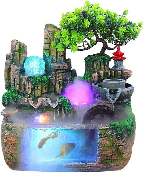 Atomizing Rockery Water Fountain Desktop Chinese Fengshui Tabletop Fountain Plants, Desktop Fountains, Atomizing Humidifier Fountain LED Lamp Waterfall for Home Office Bedroom Desk Decoration