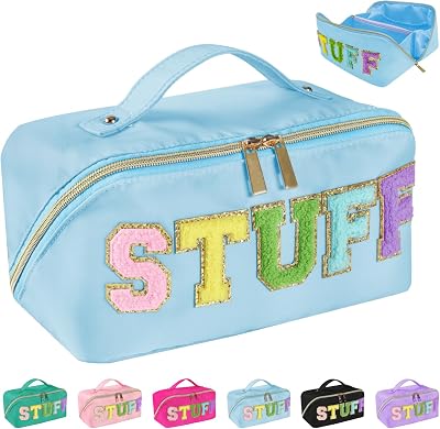 Preppy Stuff Makeup Bag, Stoney Clover Travel Toiletry Bag Chenille Letter Make Up Bags Girls Cute Cosmetic Bag Stuff Pouch Wedding Birthday Stocking Stuffers for Gifts Blue