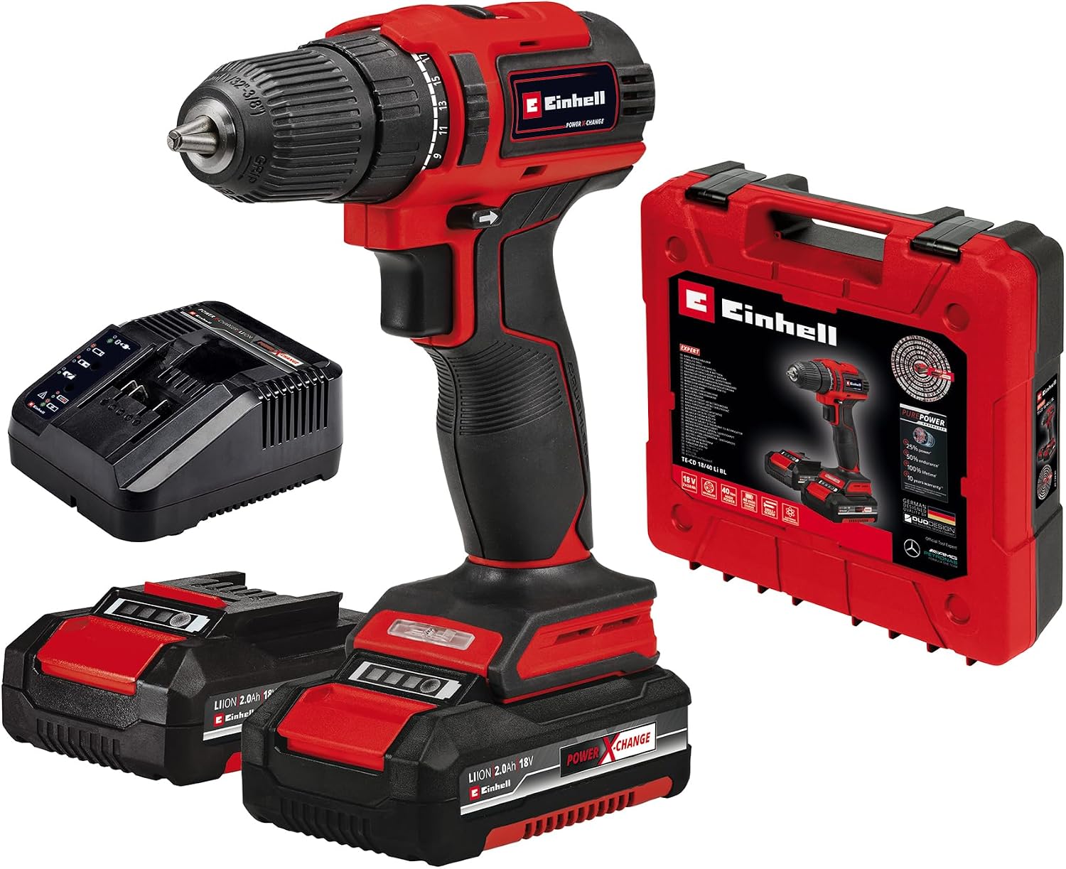 Einhell Cordless Screwing TE-CD 1840 Li BL 2x2.0 Ah Power X-Change Li-Ion, 18 V, 40 Nm, Coal-Free Engine, 2-speed Gearbox, Speed Control, 2x 2.0 Ah PXC Battery and Fast Charger - 4513995