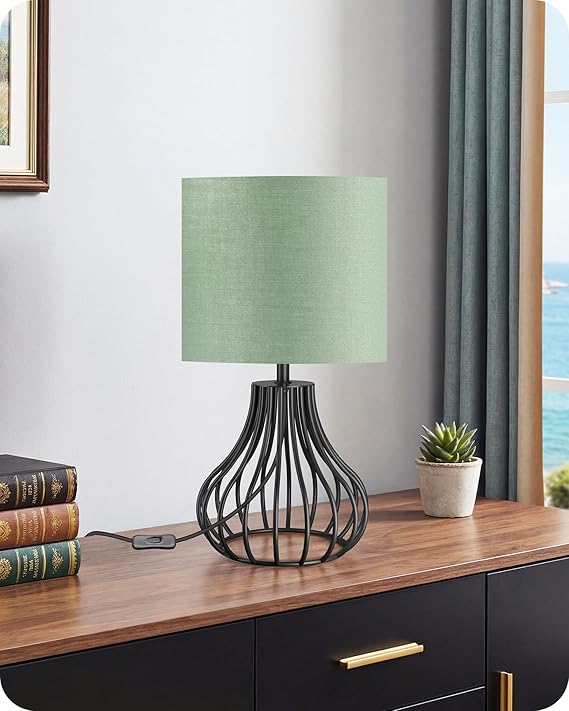 GOEBELSON Bedside Table Lamp, Black Metal Table Lamp with Green Linen Lampshade, Modern Bedside Lamps for Bedroom, Industrial Cute Desk Lamp, 4W 2700K LED Bulb Included ZJ10TLK05 [Energy Class F]