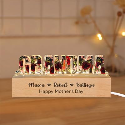 Personalized Grandma Resin Flower Lamp Custom Resin Letter Lights with 1-15 Name Epoxy Resin Night Light Dry Flower Light Women Mothers Day Christmas Birthday Gifts from Daughter Son