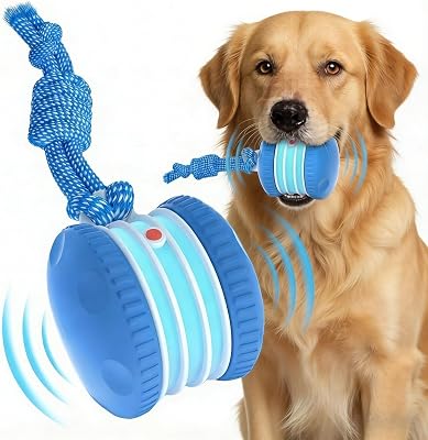 Rolling Dog Toy, Automatic Electric Rolling Pet Toy Ball with Light & Rope,Interactive Dog Toys for Small Medium Dog,Moving Dog Toys,Smart Motion Pet Ball for Boredom Relief Blue