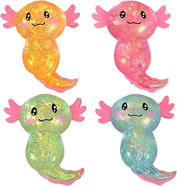 4 Pack Axolotl Squishy Glitter Stress Balls Soft Squeeze Fidget Balls for Desk Home and Travel Cute Animal Sensory Handheld Focus Items for Adults and Teens