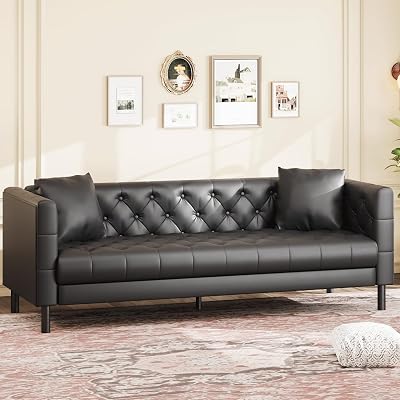IDEALHOUSE 78 Mid-Century Modern Leather Sofa for Living Room, Chesterfield Sofa with Deep Seats and 2 Pillows, 3 Seater Couch with Button Tufted, Leather Couch for Apartment, Office, Black