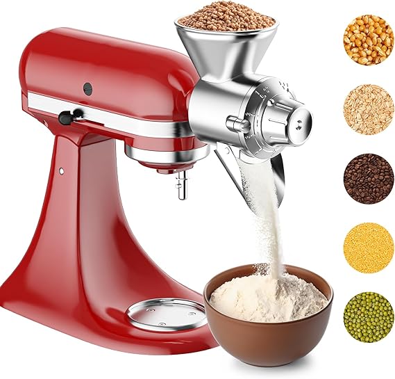Metal Grain Mill Attachment for KitchenAid Stand Mixer | 9 Levels Flour Mill Grinder for Home, Grinds Dry & Low-Oil Grains, Corn, Buckwheat, Oats, Millet, Coffee Beans
