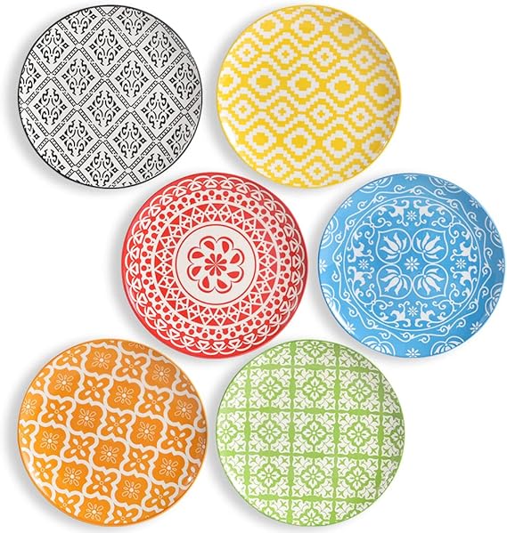 Dinner Plates Set of 6, 8 Inch Scratch Resistant Ceramic Plates, Dishwasher and Microwave Safe, Pasta Plate, Salad Plate, for Main Course, Boho Style