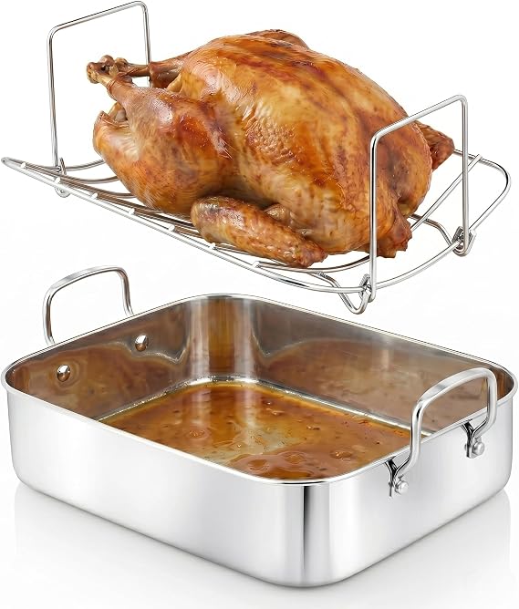 NutriChef Premium Stainless Steel Roasting Pan with Rack HeavyDuty 14 Turkey Roasting Pan for Turkey, Chicken & Meats (Wide Handles, Dishwasher Safe)