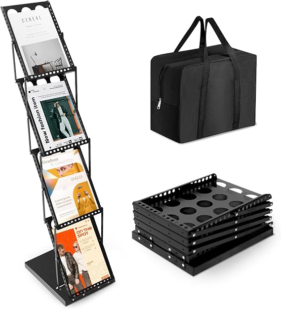 Foldable Brochure Display Stand | 4 Layers Brochure Stand Catalog Literature Holder with Carrying Bag for Office Store and Exhibition Trade Show,No Assembly Required, One-Click Unfolding(Black)