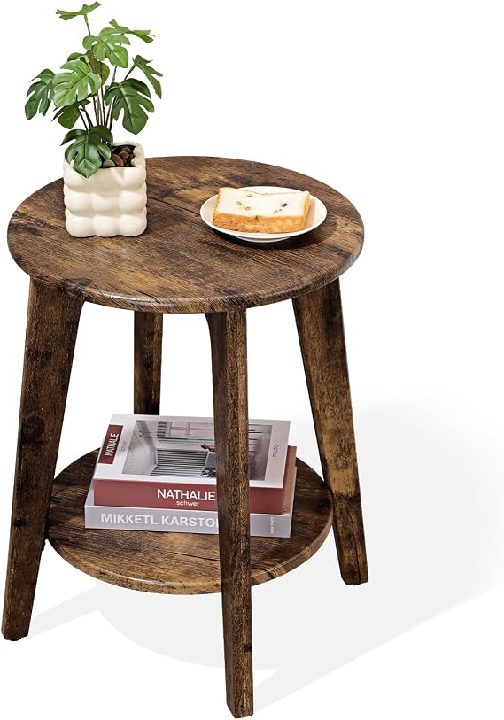 Small Round Side Table Wooden End Table with Lower Shelf Modern Nightstand Bedside Tables for Small Spaces, Living Room, Bedroom Retro Brown