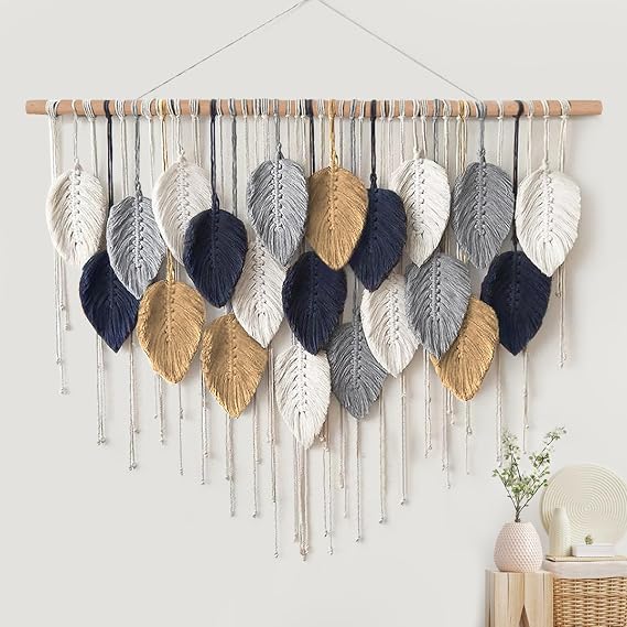 Large Macrame Wall Hanging Boho Leaf Feather Woven Tapestry 39"W x 29.5" L