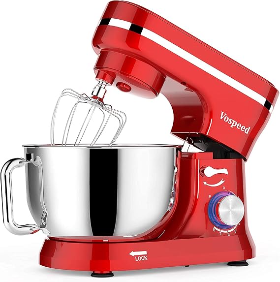 Vospeed Food Processor 1000 W 5 L Mixing Machine with Stainless Steel Bowl 8 Speeds Tilting Head & Non-Slip Design Includes Dough Hook Whisk & Whisk Dishwasher Safe (Red)