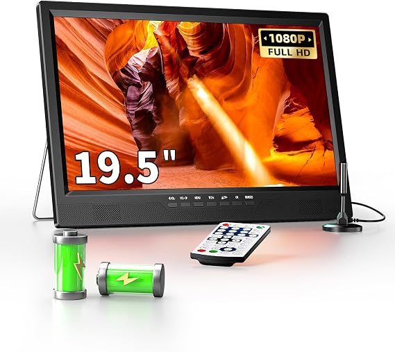 NORTHING 19.5" Portable TV with Antenna, 8000mAH Built-in Power Operated TV | Full HD 1080P Small Kitchen TV with Antenna/HDMI/USB/AV Input, for Camping Kitchen Patio RV Indoor/Outdoor