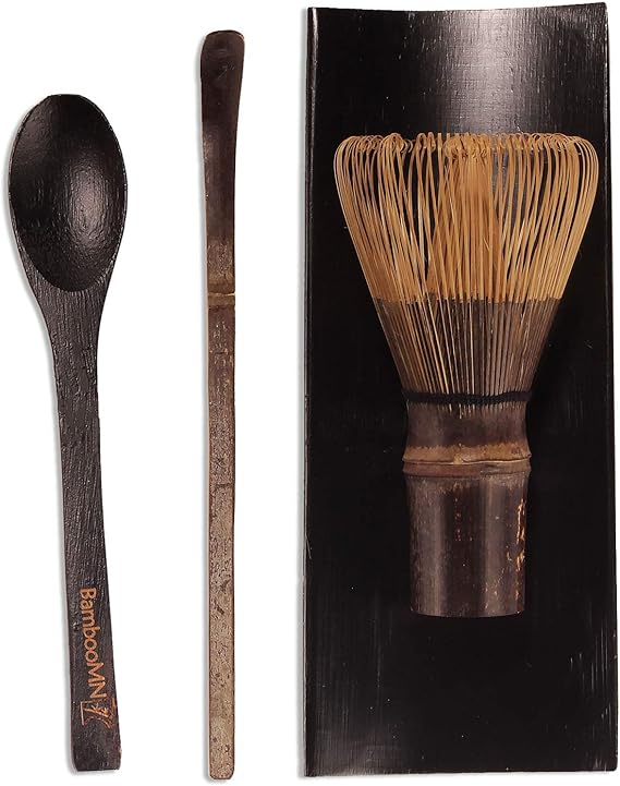 BambooMN Matcha Whisk Set - Black Chasen (Tea Whisk), Black Tray, Chashaku (Hooked Bamboo Scoop), Tea Spoon - 2 Sets