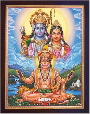 SANVIKA Lord Hanuman Lord Rama and Goddess Sita Framed Wall Decor for Pooja Room, Living Room, Office, Hindu Temple Art 12 x 9 Poster
