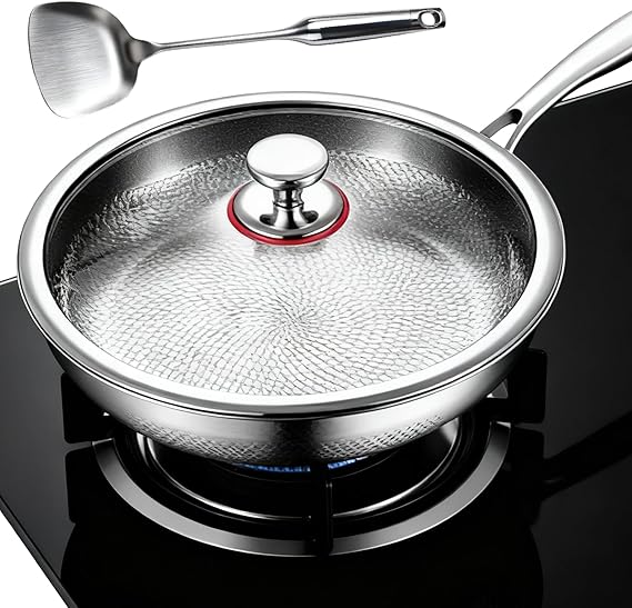 Titanium Pan with Lid and Spatula 28 cm Titanium Pan Uncoated Frying Pans Titanium Hammered Pan Pro with Lid 5 Layers Thickened Scratch-Resistant Non-Stick Frying Pans for All Hob Types