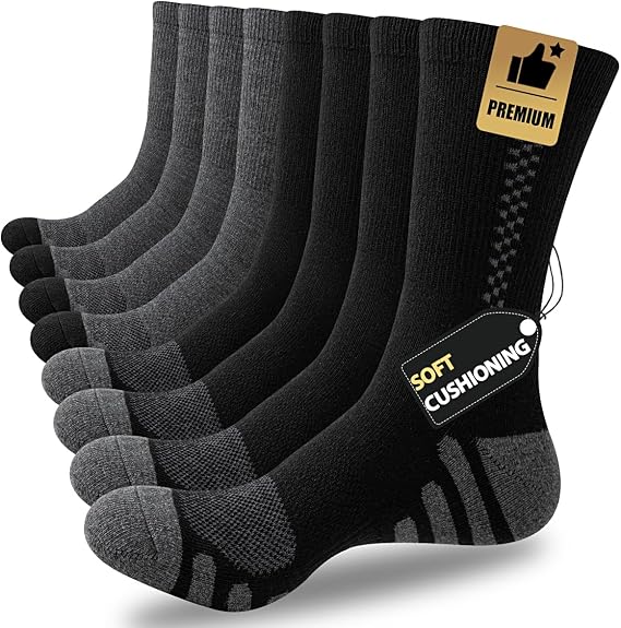 JOYNEE 8 Pairs Mens Crew Athletic Work Long Socks Calf Cushioned Socks for Sports Running Workout Gym