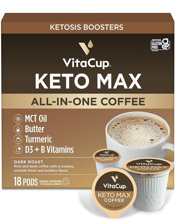 VitaCup Keto Max Dark Roast Coffee Pods with MCT Oil, 18ct | B Vitamins, D3, Turmeric
