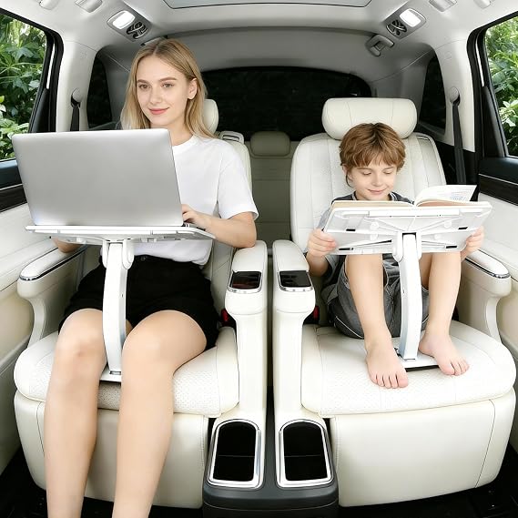 Car Seat Tray Table Adjustable Travel Desk for Kids Adults Foldable Laptop Tablet Stand Multifunctional Car Lap Desk Front Rear Seats Work Study Dining Mobile Office Long Trips Travel (White)