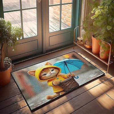 BDIS Home Decor Men Rainy Day Adventure with A Cute Cat Doormat Funny Shoes Inside Door Mats for Home Entrance65X90CM