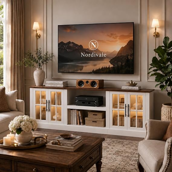 80" Farmhouse TV Stand for TVs up to 90", Media Entertainment Center with Adjustable Shelves and Large Storage Cabinets, for Living Room, White