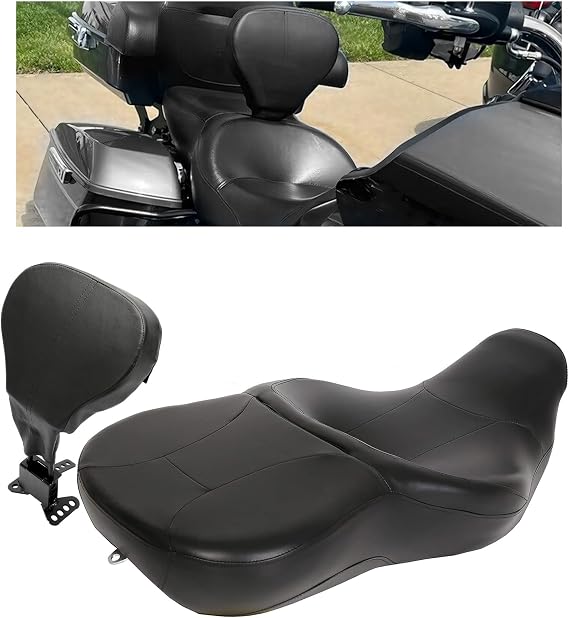 HECASA Motocycle Seat & Adjustable Driver Backrest Compatible with 2009-2024 Harley Touring Road King FLHR Road Glide FLTRX Street Glide FLHX Electra Glide FLHT Rider Passenger