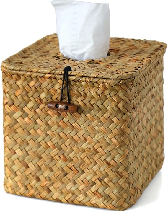 Square Wicker Tissue Box Cover, Woven Seagrass Tissue Holder, Caramel