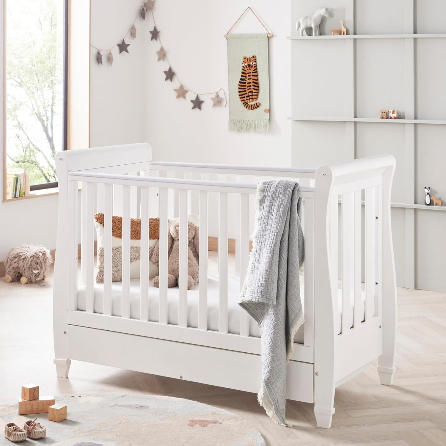 Babymore Eva Sleigh Cot Bed White - Drop Side Bed With Mattress Included, Baby Cot With Teething Rail & Drawer, Convertible to Toddler & Day Bed | 3 Adjustable Base Positions White