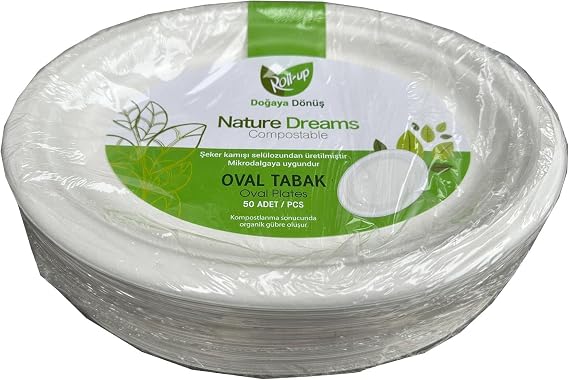 Roll-Up Nature Ecological Cardboard Paper Disposable Oval Plate - 20x26 Cm. - 1 Package of 50 Pieces