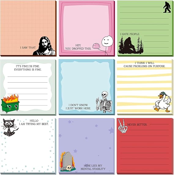 9 Pads Funny Sticky Notes, 3x3 Inch Cute Stick Notepads | Adhesive Memo Notes Pad, Coworker Gifts, Office Supplies Decor, Desk Accessories for Students, Teacher, Meeting