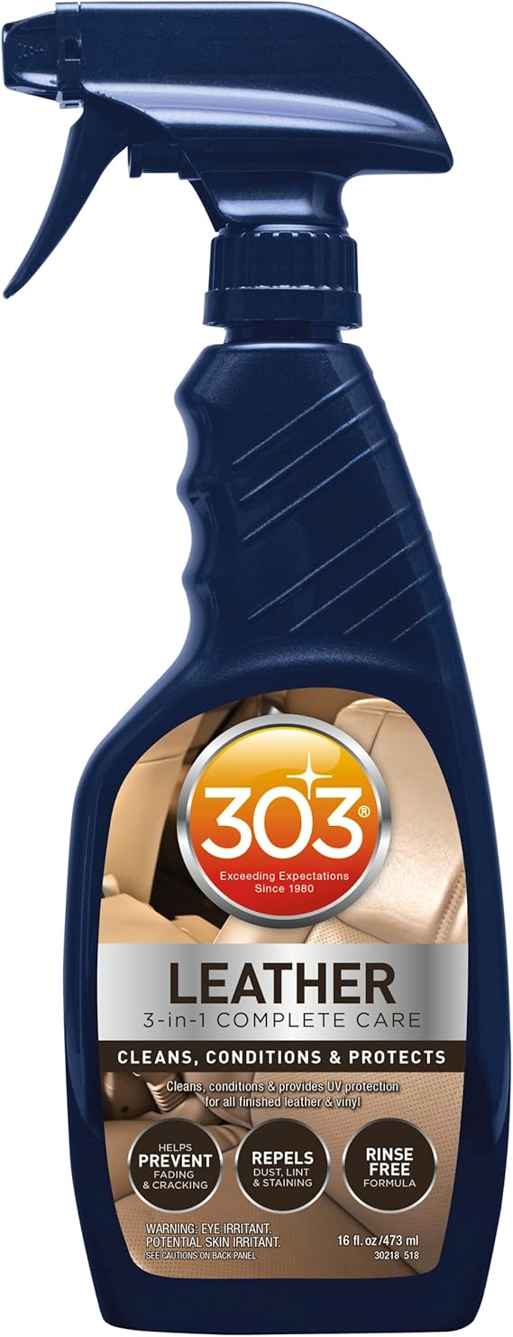 303 Products Leather 3-In-1 Complete Care - Cleans, Conditions, Protects - Helps Prevent Fading & Cracking - Rinse Free Formula - Repels Dust, Lint, Staining, 16 fl. oz. (30218CSR) Packaging May Vary