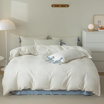 Blue Floral Duvet Cover Full Cottagecore Vintage Bedding Set Full Aesthetic Flower Cute Girls Duvet Cover Set with 2 Blue Bowknot Pillow Shams Soft Cotton Grid Plaid Cream Comforter Cover