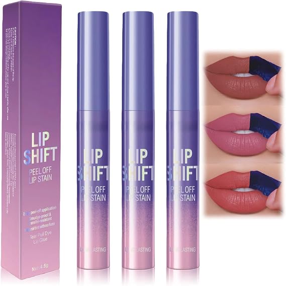 3Pcs Lip Stain Peel Off Set with Lip Liner Tattoo - Long Lasting, Waterproof, Transferproof Pout Stain for Women, Matte Finish Peel Off