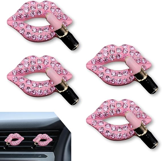 4 PCS Lip Car Air Vent Clip, Sexy Lips Lipstick Rhinestone Vent Decoration, Fashion Bling Air Conditioning Outlet Clips, Universal for Most Cars (Pink)