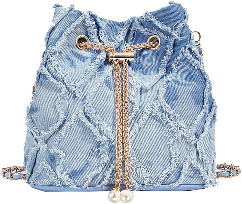 Denim Bucket Bag Quilted Drawstring Shoulder Handbag Jean Crossbody Purses Hobo Handbag with Chain Strap