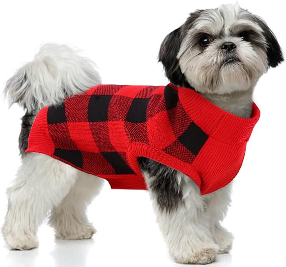 PUMYPOREITY Classic Plaid Dog Sweater with Leash Hole, Warm Stretchy Knitwear for Small Medium Dog, Soft Jacquard Knit Pullover with Elastic High Collar for Spring Fall Winter Christmas Cold Weather