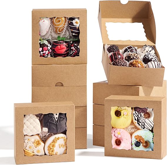 50 Pcs 5x5x2Inches Boxes for Baked Goods Bakery Boxes with Window for Treat, Cake, Cinamon Rool,Cookies,Chocolate Covered Strawberries & 5inch Favor Box Candy Gift Packing
