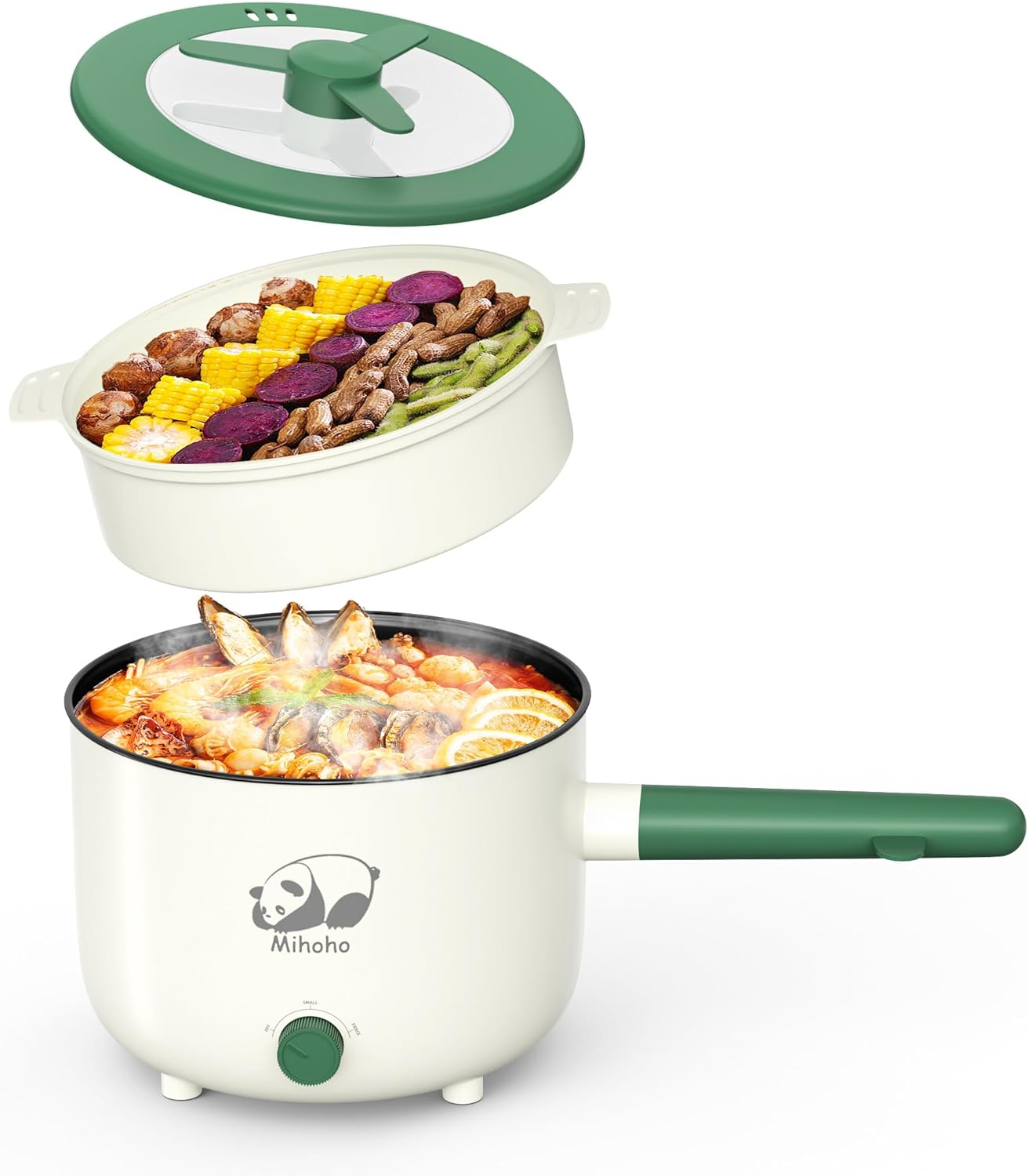 Electric Hot Pot with Steamer Multifunctional Portable Non-Stick Frying Pan with Dual Power Control Electric Shabu Shabu Cooker for Oatmeal Pasta Ramen 1.5 L (Green C)