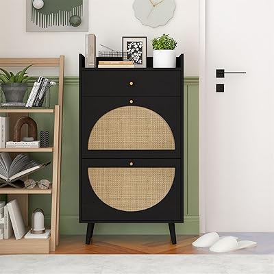ZeHuoGe Natural Rattan Shoe Cabinet with 2 Flip Drawers, Black Shoe Rack Storage Cabinet for Heels, Slippers, Free Standing Shoe Rack for Entrance Hallway Black