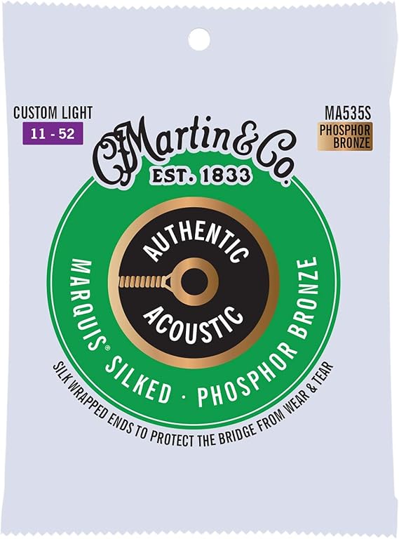 Martin Authentic Acoustic Marquis Silked Guitar Strings Phosphor Bronze, Custom Light Gauge | Warm, Balanced Tone with Bridge Protection | Silk-Wrapped Ball Ends