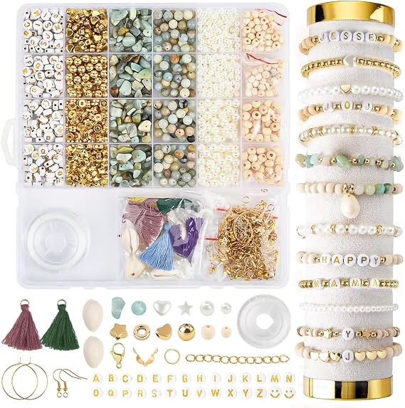Beads Bracelet Making Kit 1680PCS, Friendship Bracelet Making Kit, Natural Stone Crystal Pearl Beads Clay Alphabet Bead Wooden, Polymer Bead for Jewellery Makings Kits with Charms for Women Teen Girls