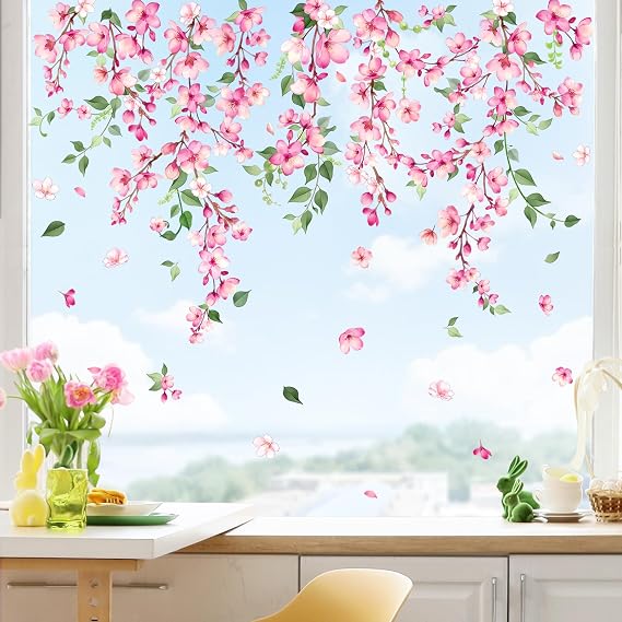 Cherry Blossom Flowers Window Stickers Summer Pink Branch Window Decals
