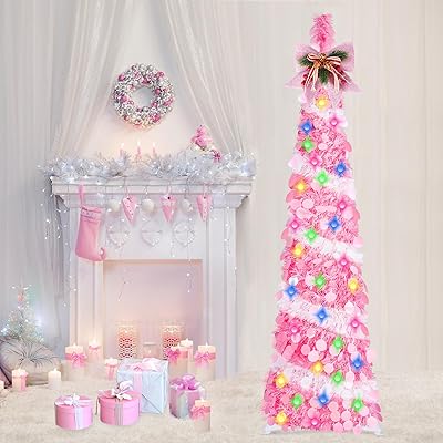 5Ft Pop Up Tinsel Christmas Tree with LED Lights, Sequins, Tree Topper, Collapsible Pencil Christmas Tree Artificial, Holiday Indoor Christmas Decoration for Home, Office, Apartment Xmas Decor