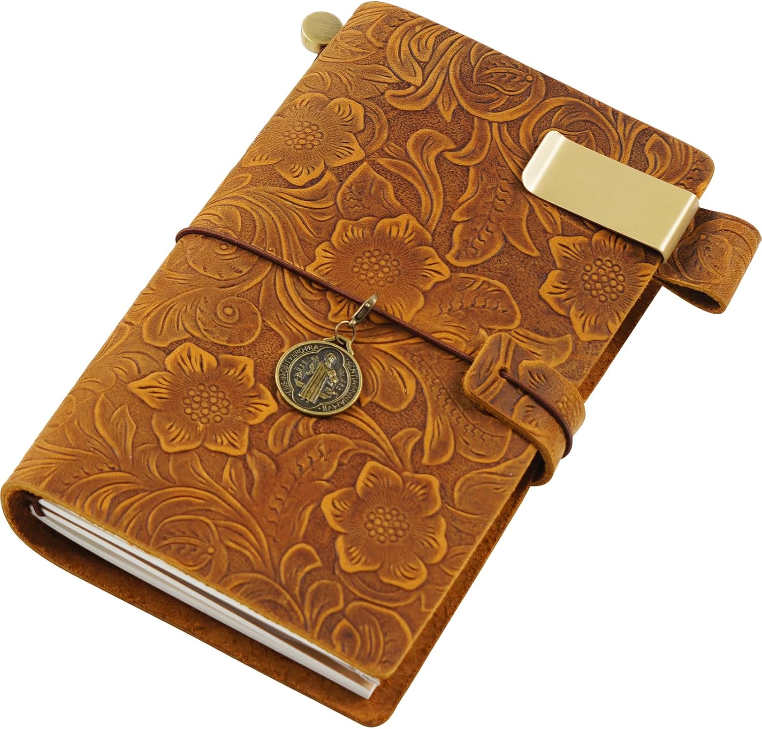 Leather Journal Writing Notebook, Refillable Handmade Genuine Leather Travelers Notebook with Pen Holder, Travel Daily Planner for Men Women Flower Carving Style, Large Size 6.8 x 4.5 Inches Brown