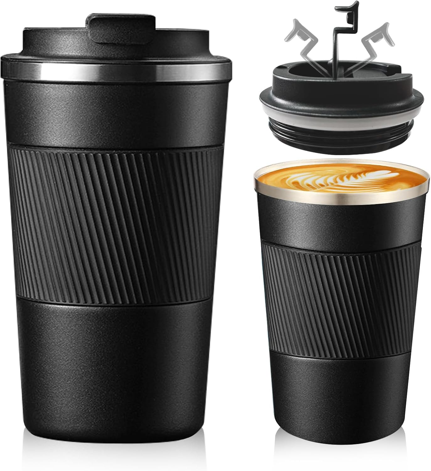 Travel Mug, Insulated Coffee Cup with Leakproof Lid, Reusable Coffee Cups Travel Cup, Stainless Steel thermaol Mug for Hot Cold Drinks (Black 380ml)