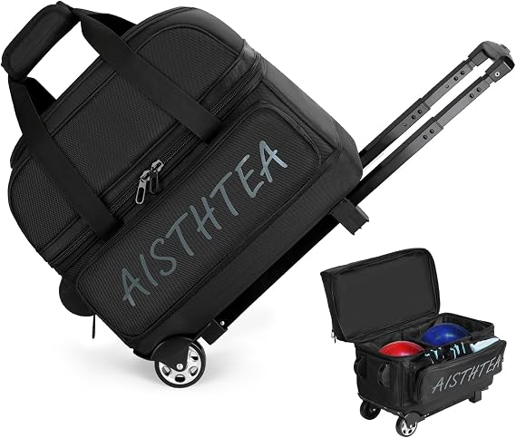 2 Ball Bowling Bag with Wheels, Rolling Trolley Bowling Bags with Large Separate Shoe Compartment and Oversized Accessory Pocket